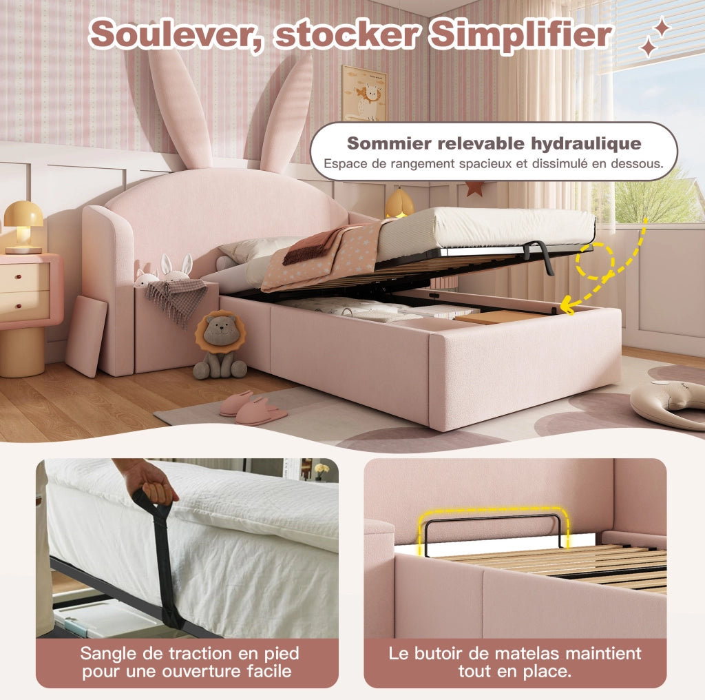 Letto imbottito per bambini 90x200 cm in velluto rosa con comodino contenitore e rete a doghe