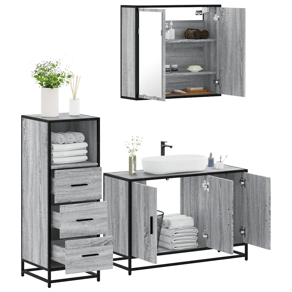 Set Mobili da Bagno 3 pz Grigio Sonoma in Legno Multistrato