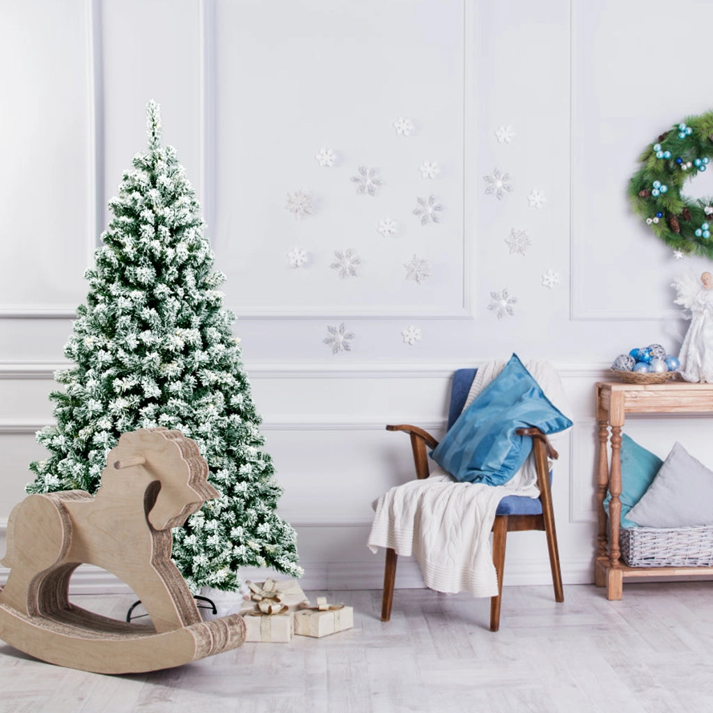 Albero di Natale artificiale 180cm con cerniera e 250 luci LED, Pino innevato illuminato con 928 rami e base-Alberi di Natale