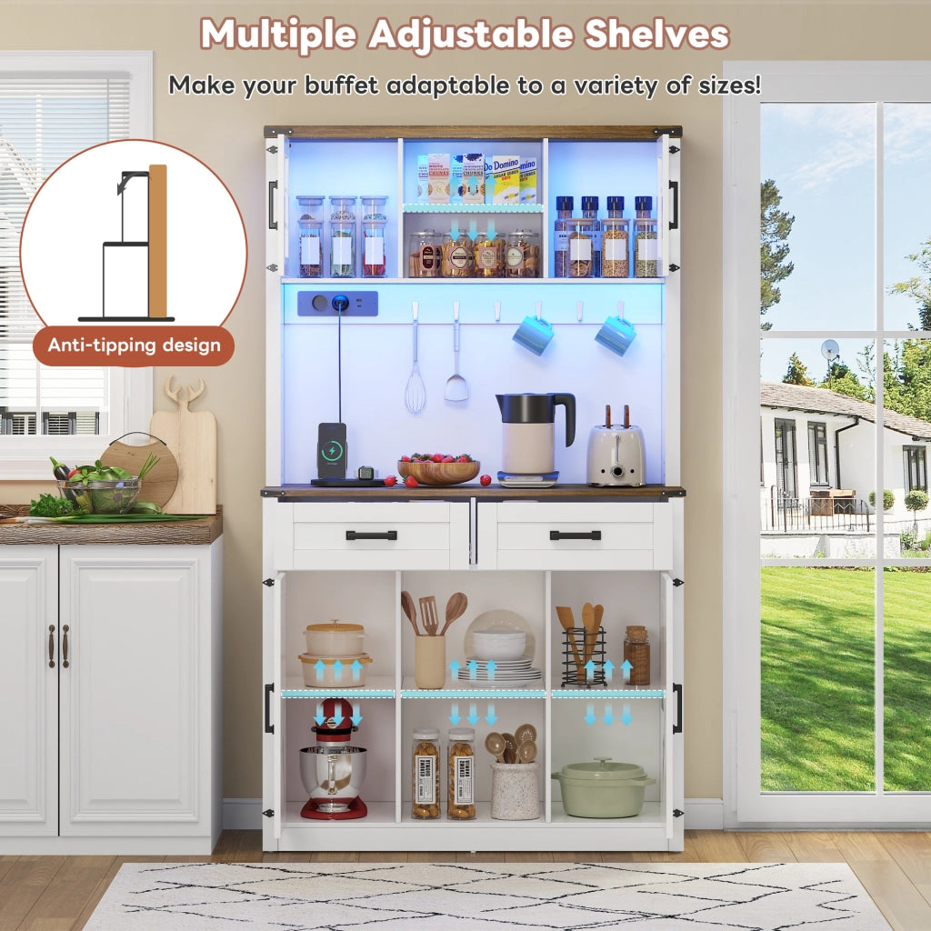 Mobile bar con LED e prese, credenza con 2 cassetti, ante stile fienile, bianco e marrone