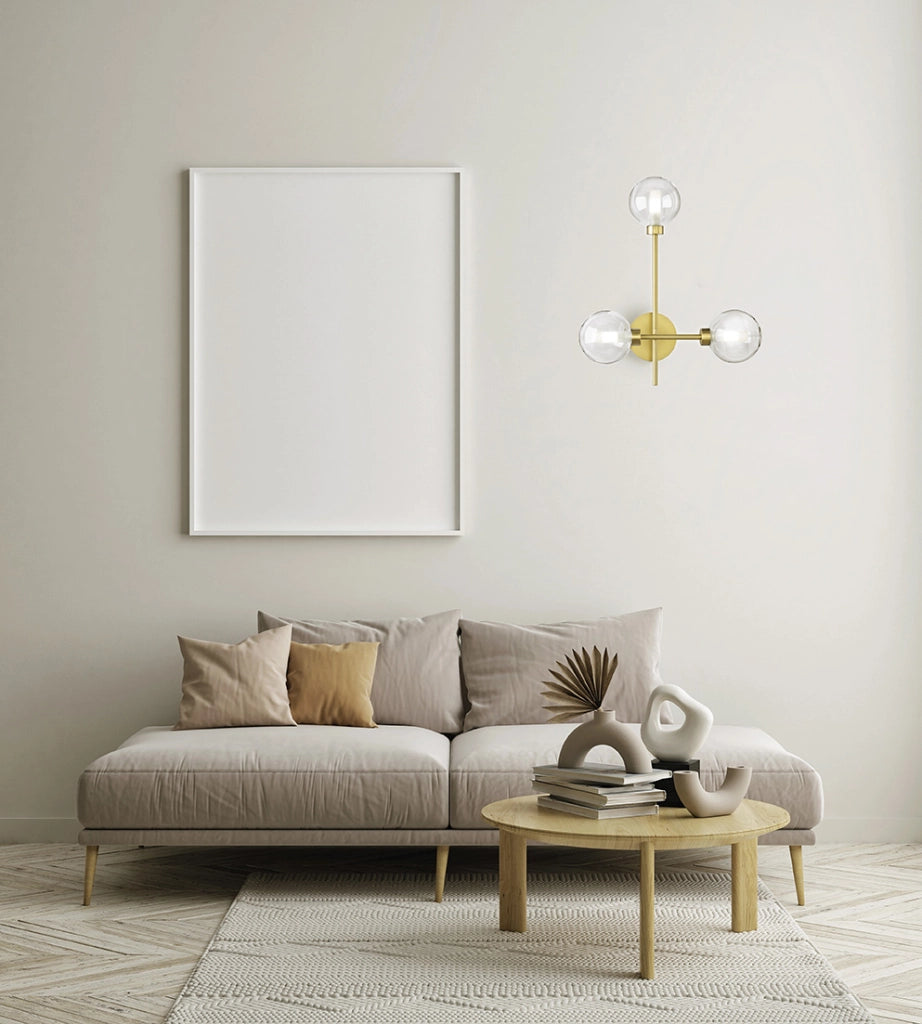 DOM APPLIQUE A PARETE  3 LUCI  VETRO TRASPARENTE CICLINDRO SATINATO MONTATURA ORO ATTACCO G9