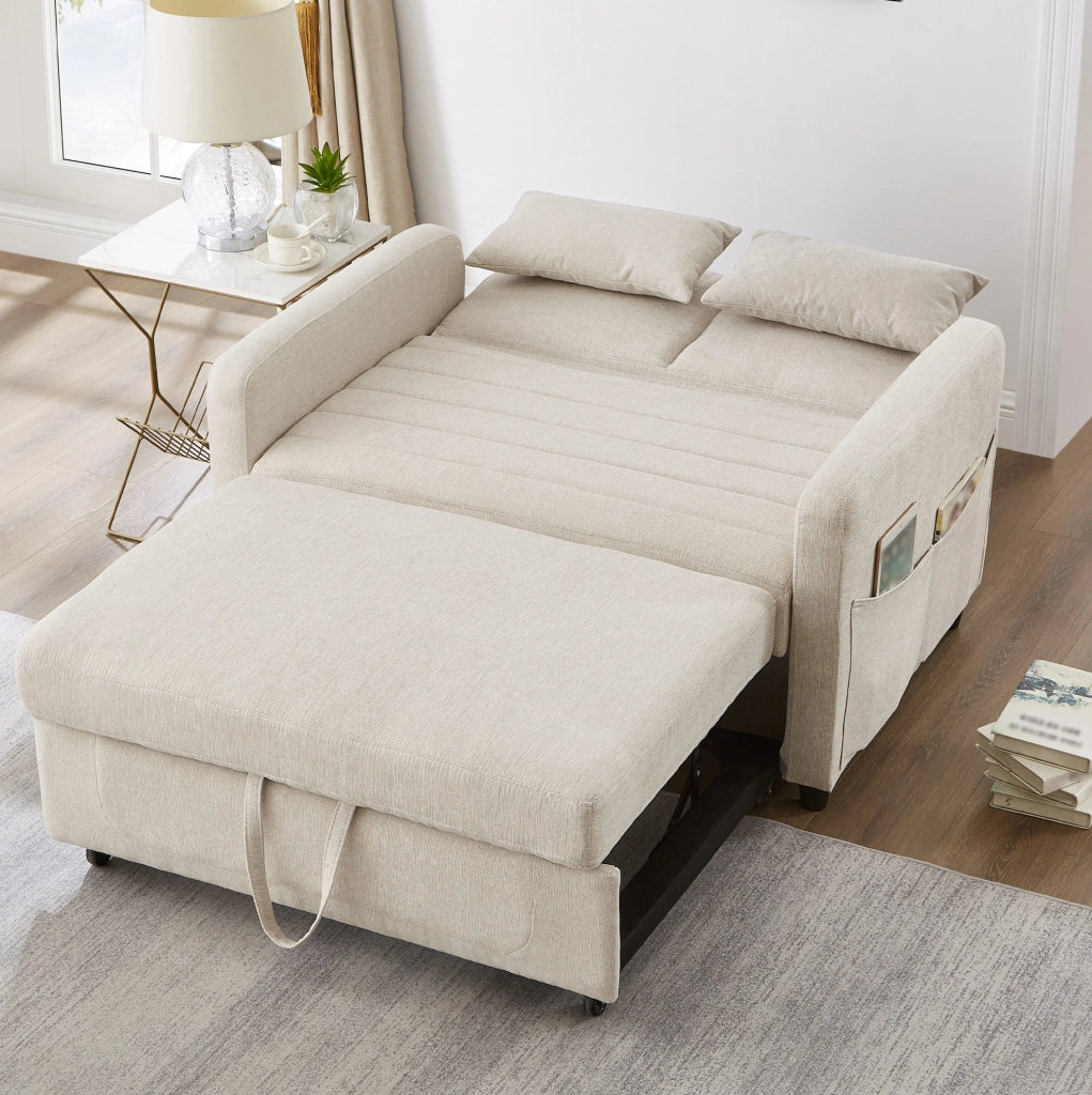 Sofà letto estraibile a due posti beige con schienale regolabile e due cuscini salvaspazio