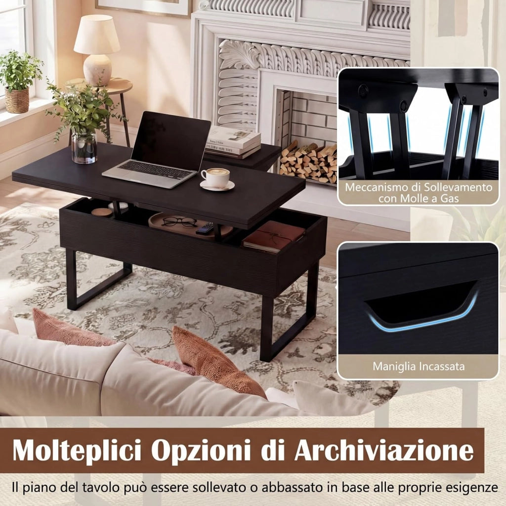3 in 1 Tavolino da Salotto con Piano Sollevabile e Pieghevole, Tavolino Moderno Trasformabile in Tavolo da Pranzo in Legno con 3 Vani Nascosti, Ideale per Soggiorno e Ufficio (Nero)