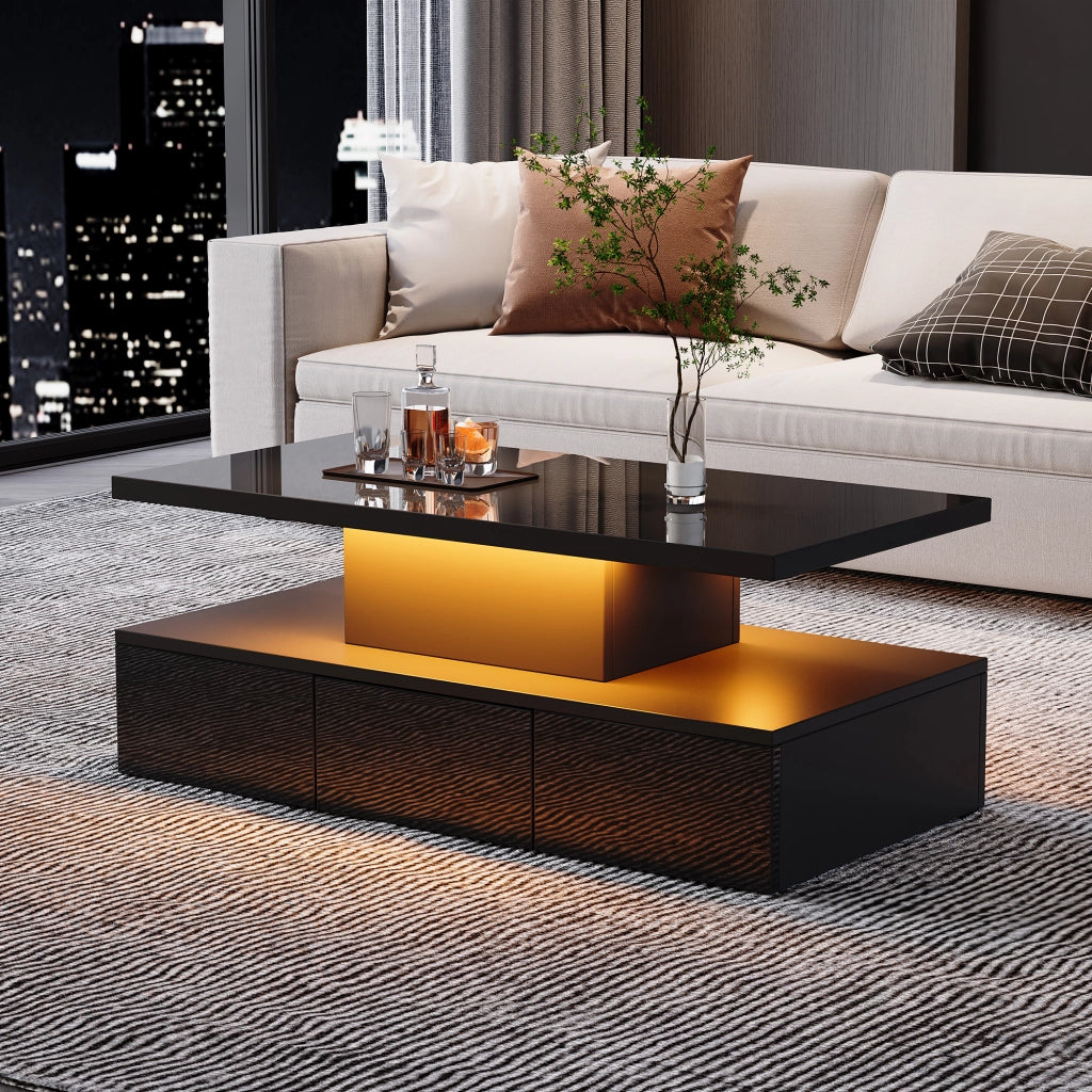 Tavolino da caffè 100x50x39 cm; LED dimmerabile con vano aperto e cassetto; truciolare nero