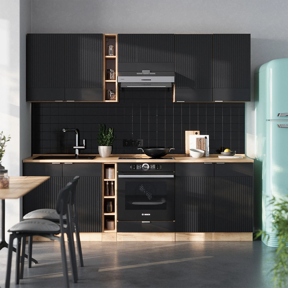 Cucina componibile Fame-Line Nero rigato/Rovere dorato 235 cm, PL Rovere Vicco