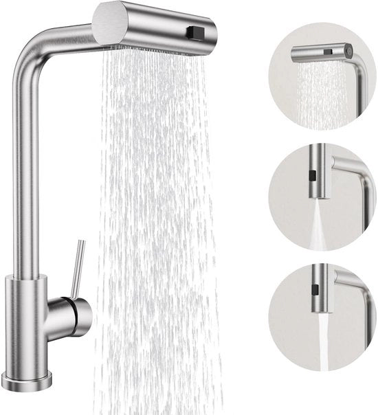 Keukenkraan con Sprogeatore Estensibile, Bocca Alta da Cucina 360° Rotativa, Rubinetto di Miscelazione con 3 Sprogeatori, Cucina in Acciaio Inossidabile SUS304, Lavorato a Martello