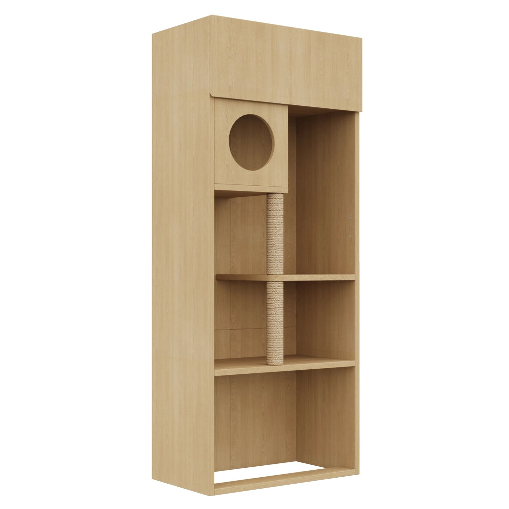 Mobile contenitore per gatti con tiragraffi in sisal; cuccia rotonda e vano chiuso con ripiani; in MDF; 80×45×193 cm