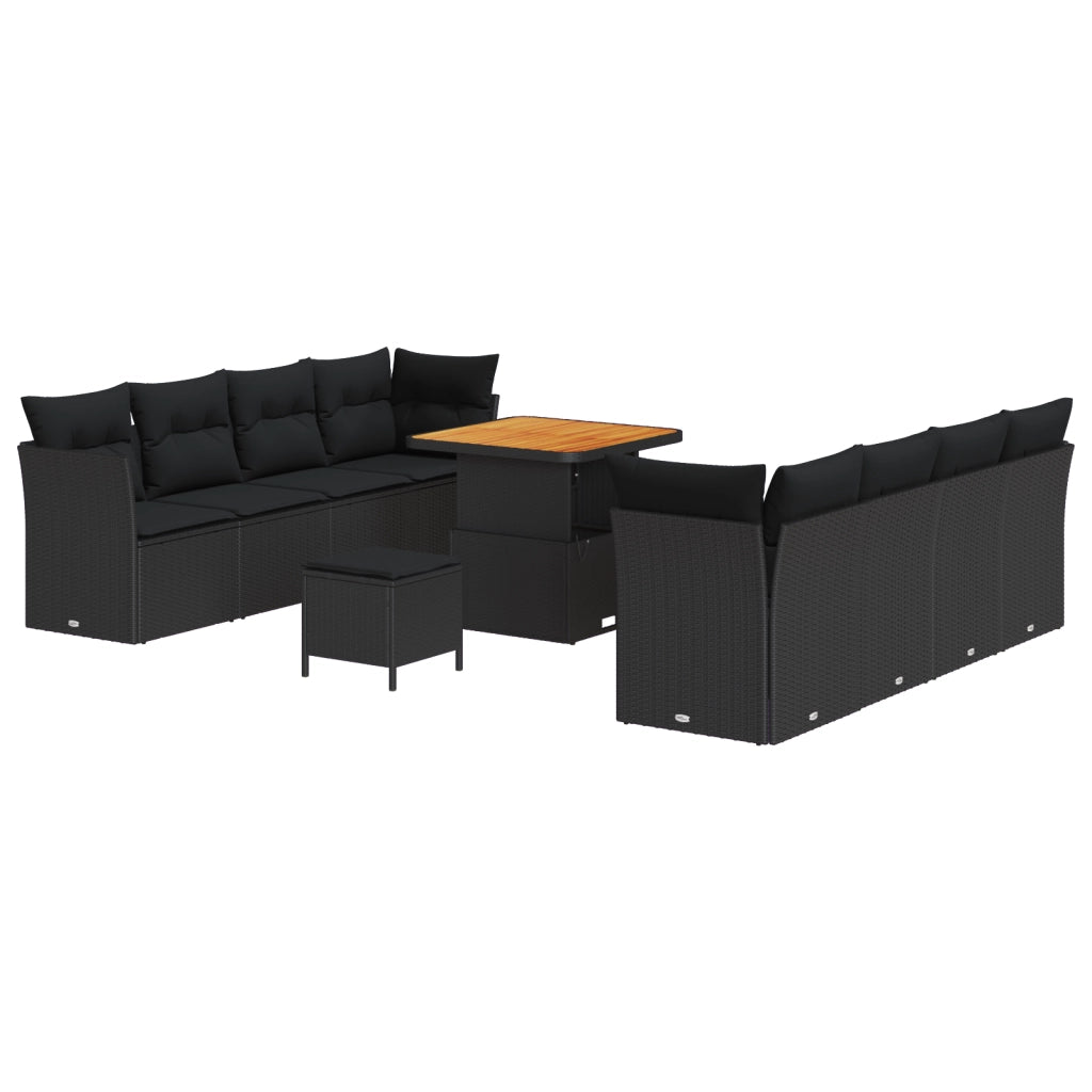 Set di divano da giardino 11 pezzi con cuscini Nero Polyrattan Acacia