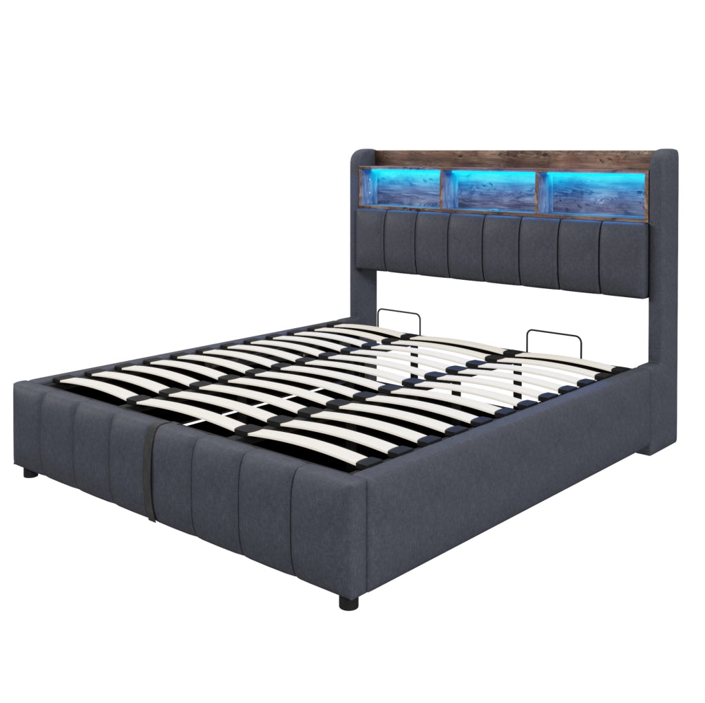 Letto imbottito 180x200 cm con LED; contenitore; USB e Type-C; grigio