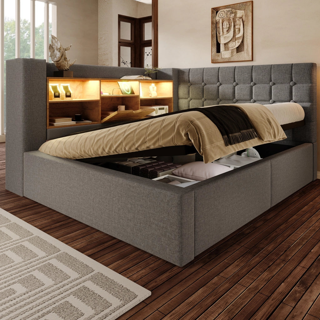 Letto imbottito 140x190 cm con LED, USB e contenitore