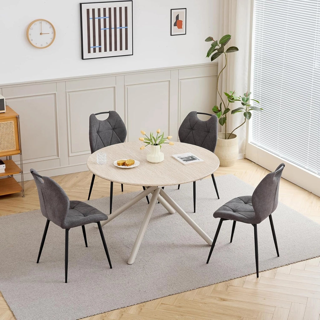 GrandCA HOME Set Tavolo da Pranzo e Sedie Tavolo da Pranzo Rotondo da 115 cm e 4 Sedie Moderne in Lino Per Sala da Pranzo, Cucina, Soggiorno（Grigio Chiaro + Cenere）