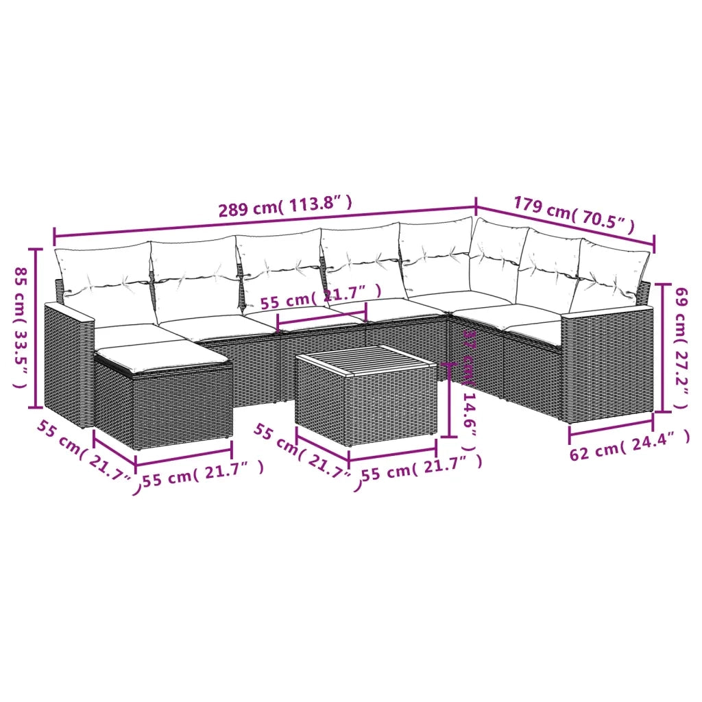 Set Divano da Giardino 9 pz con Cuscini Grigio in Polyrattan 3226256