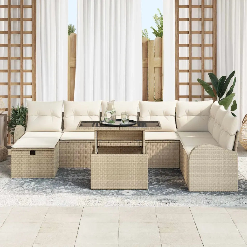 Set Divano da Giardino con cuscino 9 pcs Beige Poly Rattan