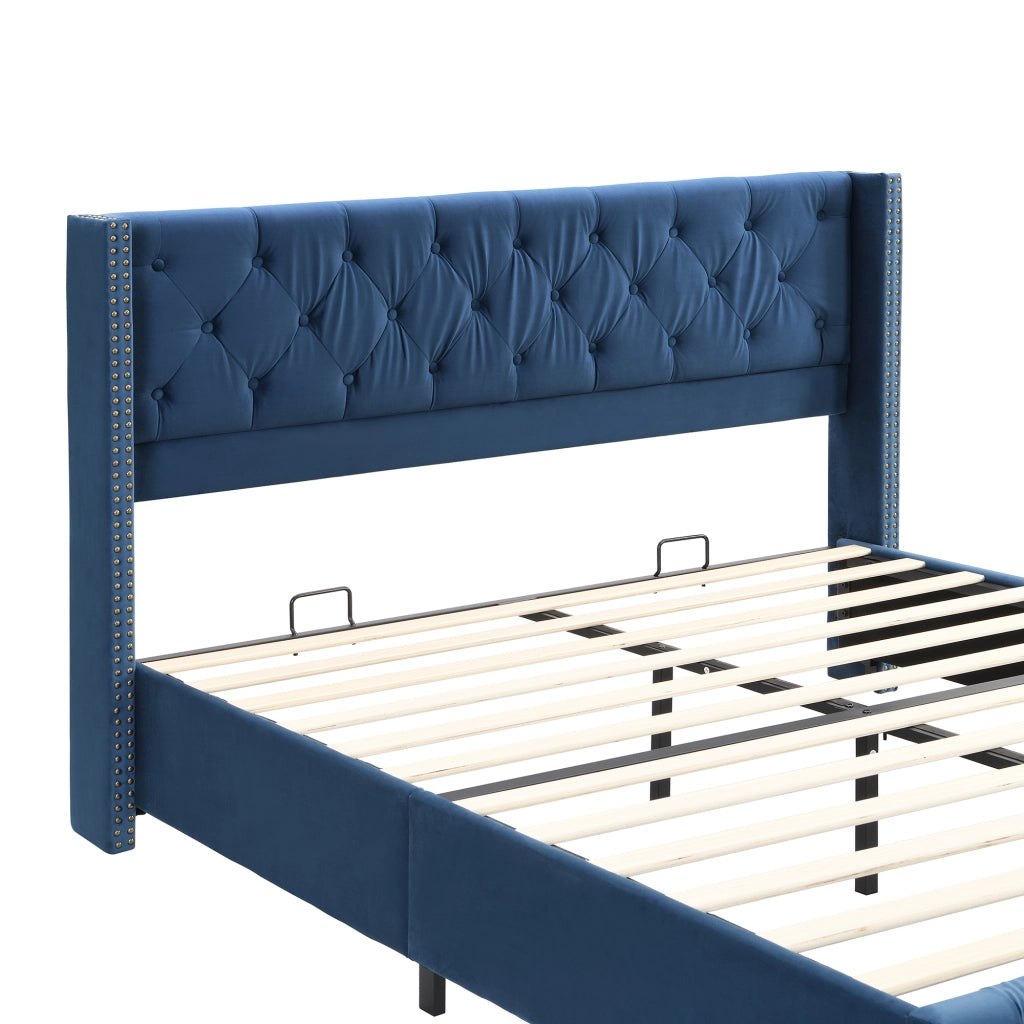 Letto Imbottito 160 × 200 cm; Matrimoniale con Testiera Trapuntata e Borchie; senza Materasso; Velluto Blu