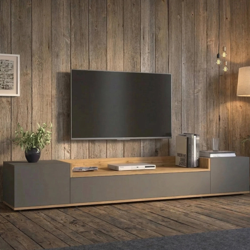 Oxanna, Mobile Porta tv 3 Ripiani Made in Italy, 200x35x30h cm Nero Antracite