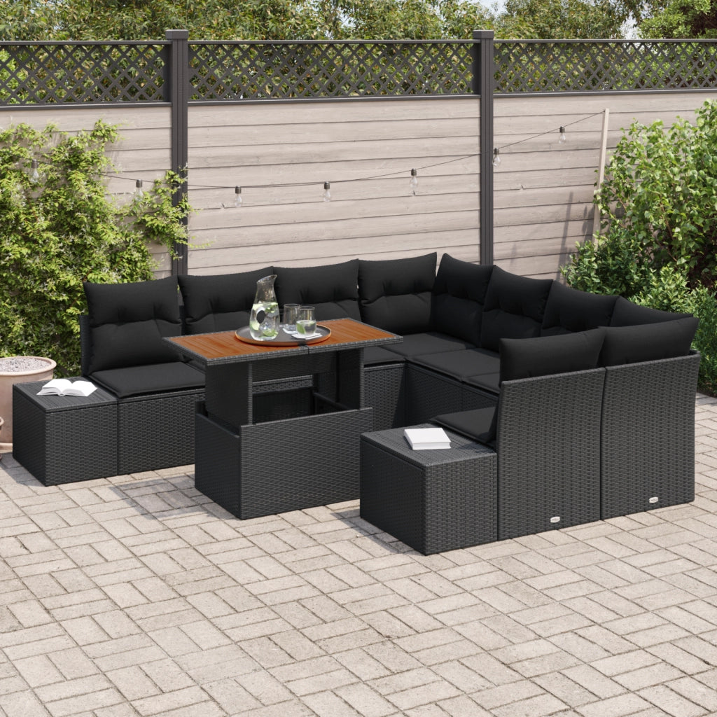 Set da Pranzo da Giardino in 9 Pezzi con Cuscini Nero in Rattan Polipropilene e Acacia