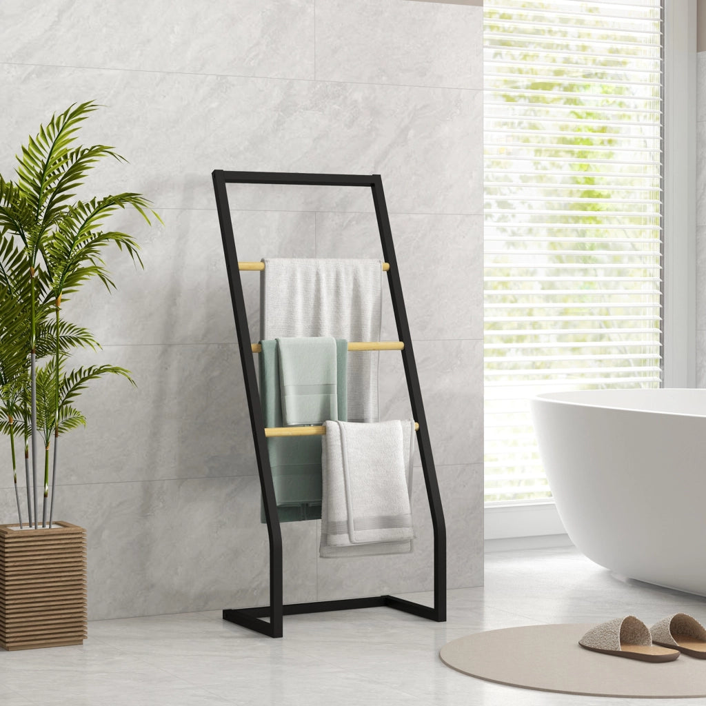 Portasciugamani a 4 Sbarre in Acciaio e Bamb¨´, 40.5x28x98cm, Nero e color Legno