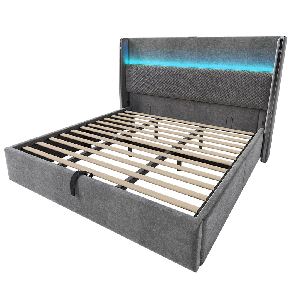 Letto Matrimoniale Moderno 180x200cm - Xylo - Testiera Alta Idraulica LED e USB, Tessuto Lino Grigio