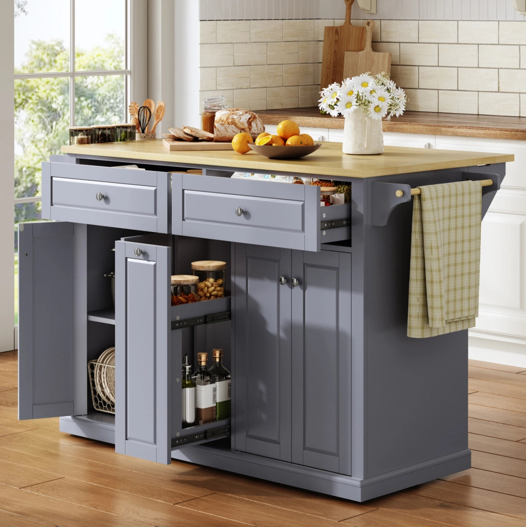 Isola da cucina mobile con piano ribaltabile, MDF, naturale e grigio