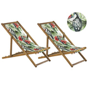 Set di 2 sedie a sdraio da giardino con struttura in legno di acacia chiaro motivo tucano in tessuto amaca sedile reclinabile