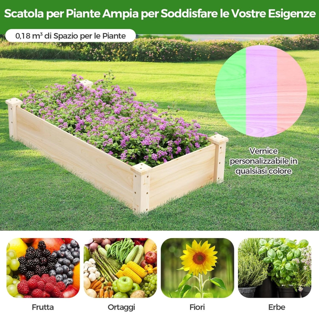 Letto da Giardino Rialzato, Letto Elevato per Orto in Legno di Abete, Fioreria per Erbe, Verdure e Frutta, Ideale per Giardino, Cortile e Balcone 120 x 61 x 25,5 cm