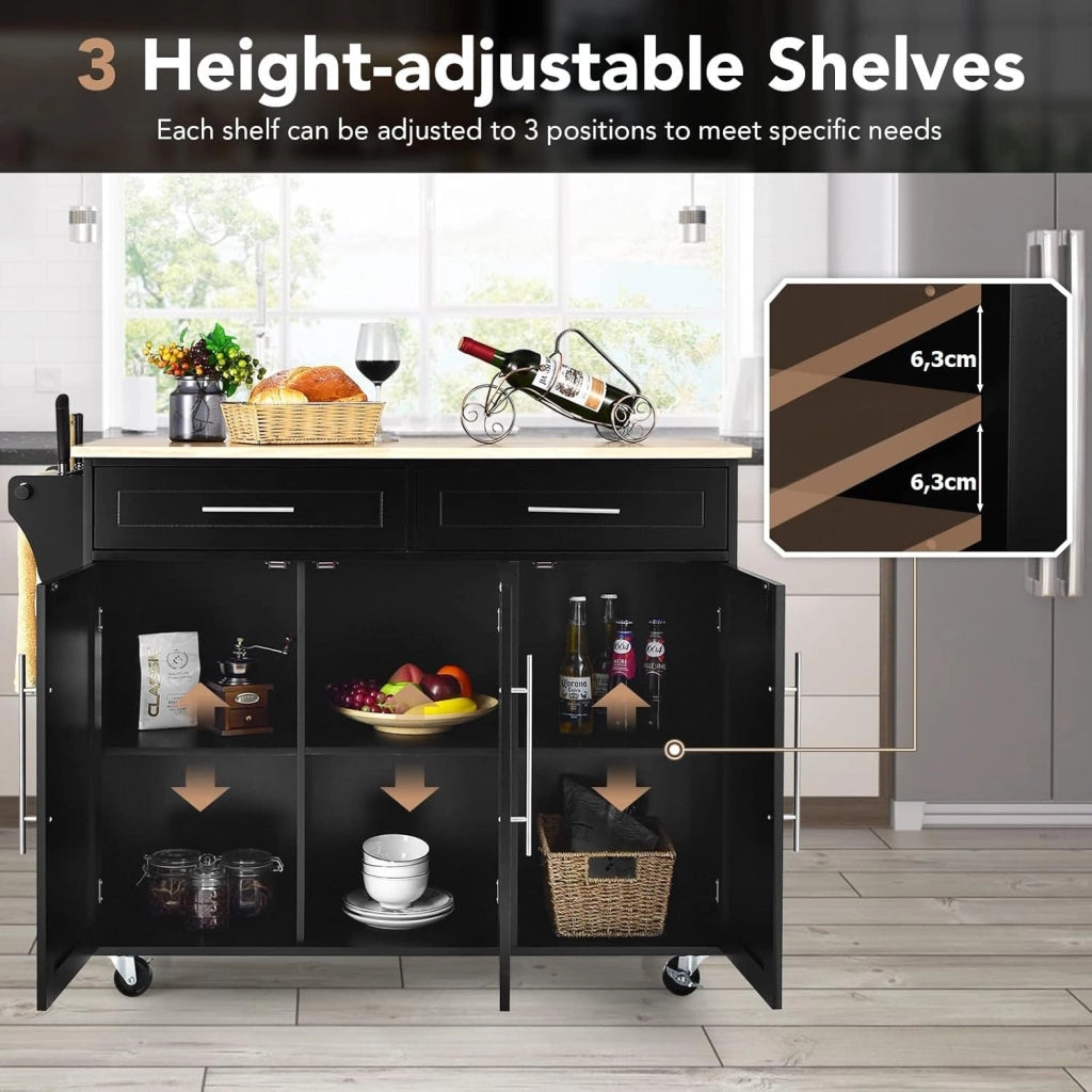 Carrello Cucina con Ruote, Carrello di Servizio con 3 Ripiani, Maniglia Laterale per Appendere per Sala da Pranzo, Soggiorno, 120,5 x 46 x 92,5 cm, Nero