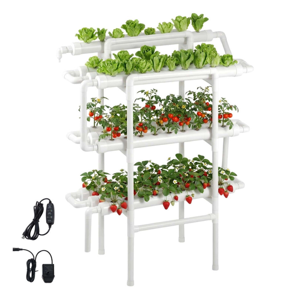 Kit Sistema di Coltivazione Idroponica 3 Livelli 90 Siti HX-90SE in UPVC con Irrigazione Temporizzata per Orto Interno e Giardino
