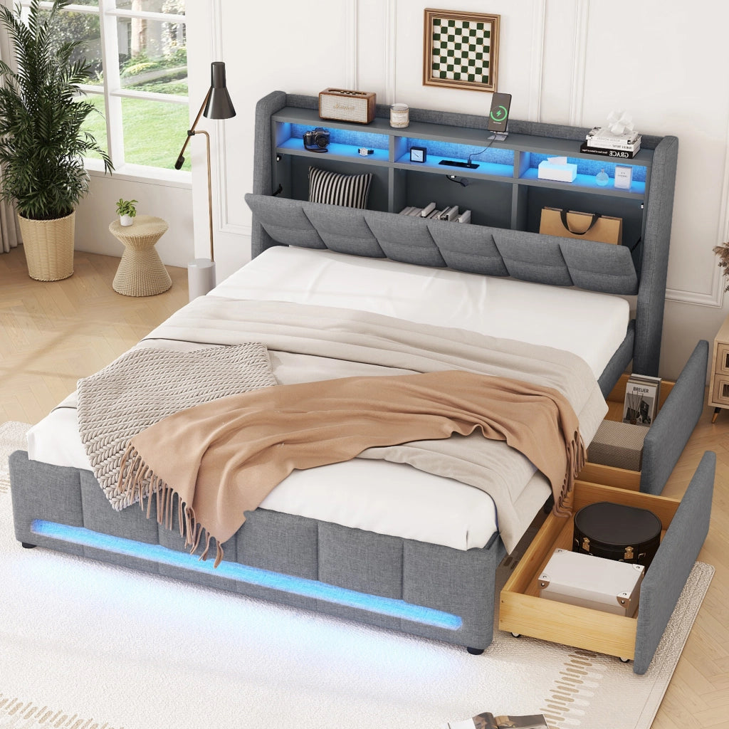 OKWISH Letto con Cassetti 140×200 cm, Letto Matrimoniale con LED Regolabile, USB e Contenitore, senza Materasso, in Lino, Grigio