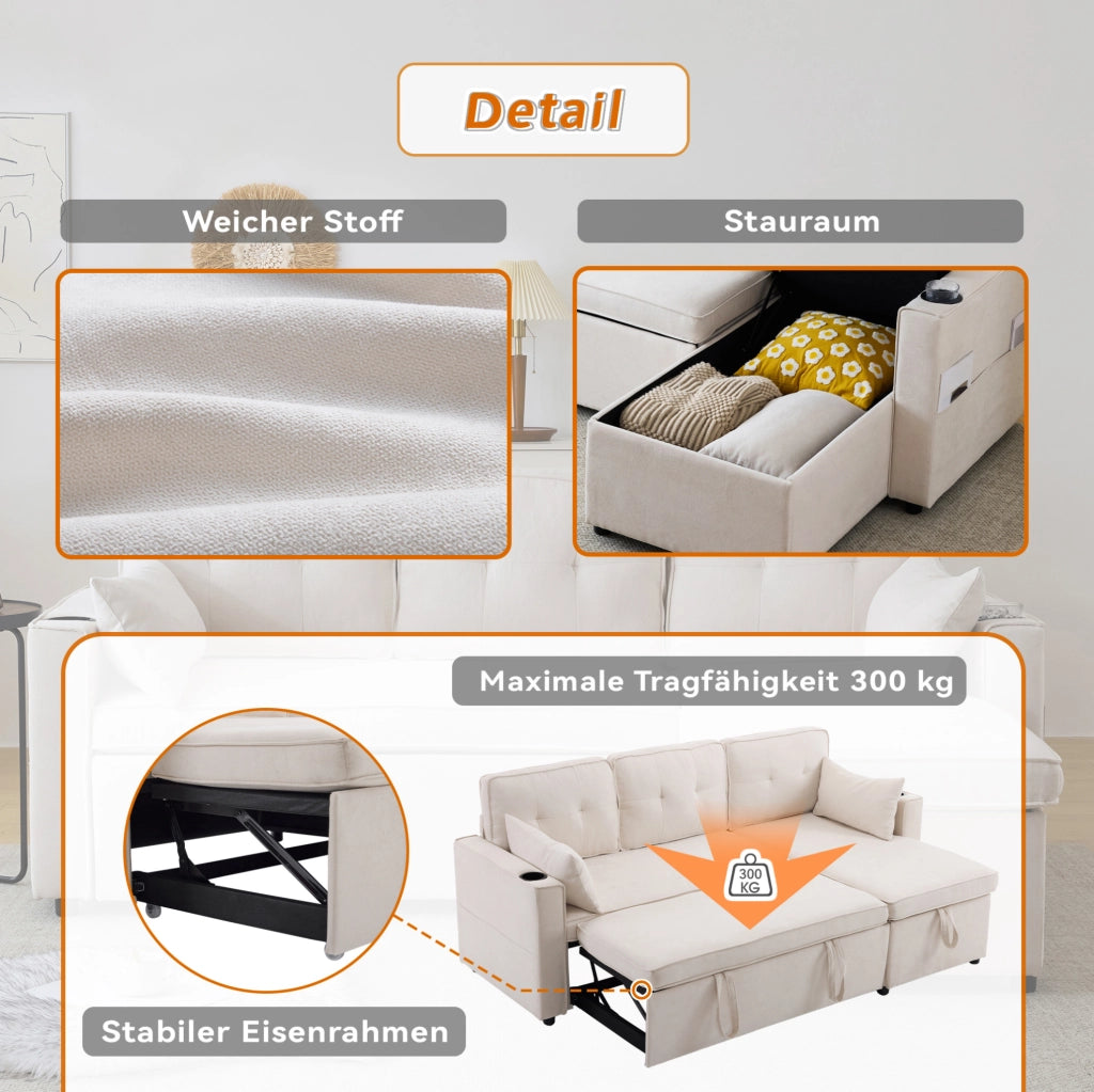 DIVANO LETTO Angolare 211x130x86 cm Beige in Cotone e Lino con Contenitore