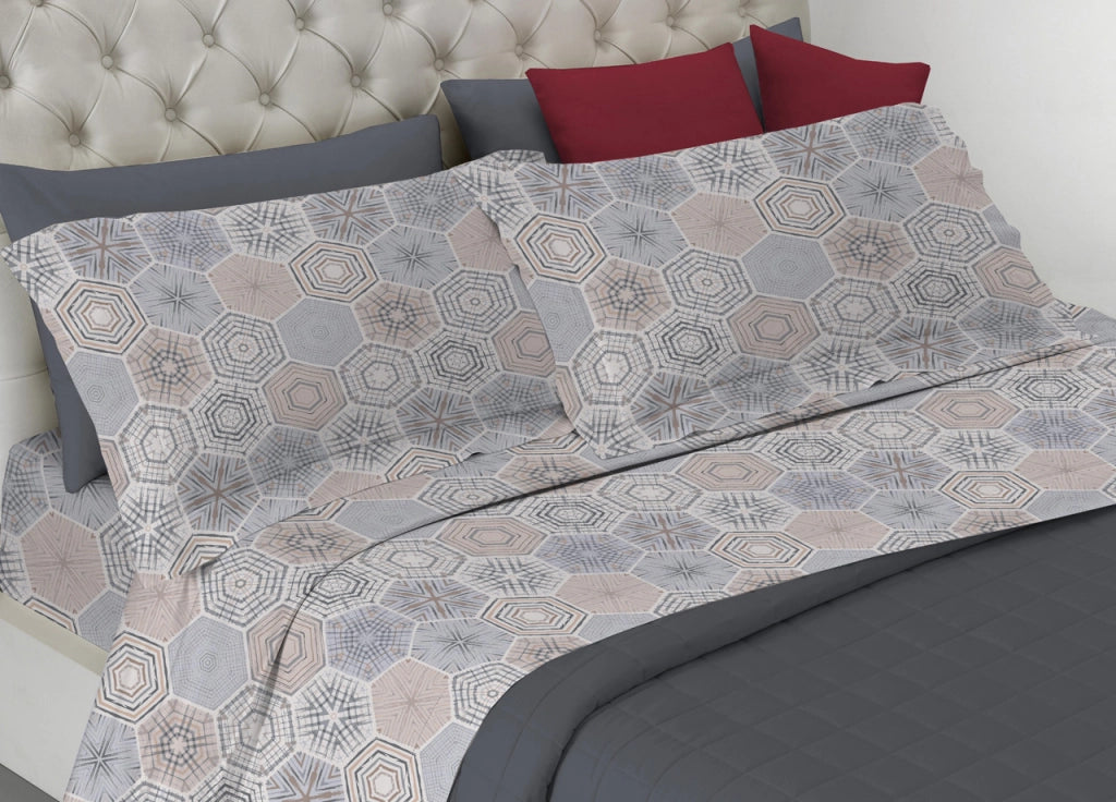 Completo Lenzuola In 100% Cotone Linea Best Collection Dis. Mexico Colore Beige S.V. - Matrimoniale - Beige