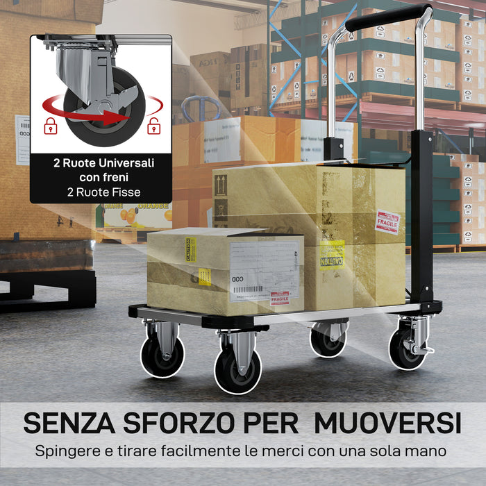 Carrello Portapacchi Pieghevole con Pedana Estensibile Capacità 150 kg in Metallo e Alluminio Argento