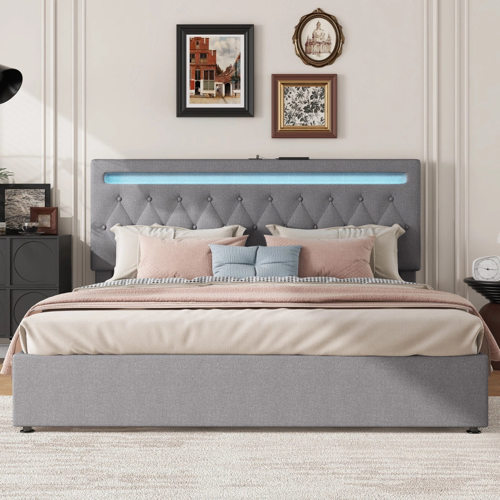 LETTO imbottito 180x200 cm con alzata idraulica, LED e USB, grigio