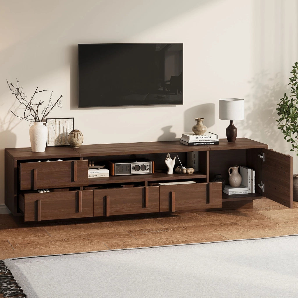 Mobile TV - In MDF - 4 cassetti - Ripiani aperti - Adatto a televisori fino a 75 pollici - 180 x 40 x 45 cm - Colore noce