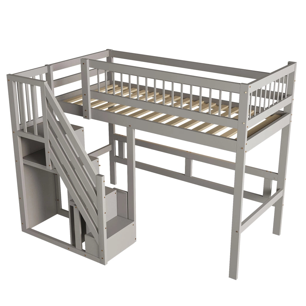 Letto singolo in legno massello grigio con scala contenitiva 90x200 cm