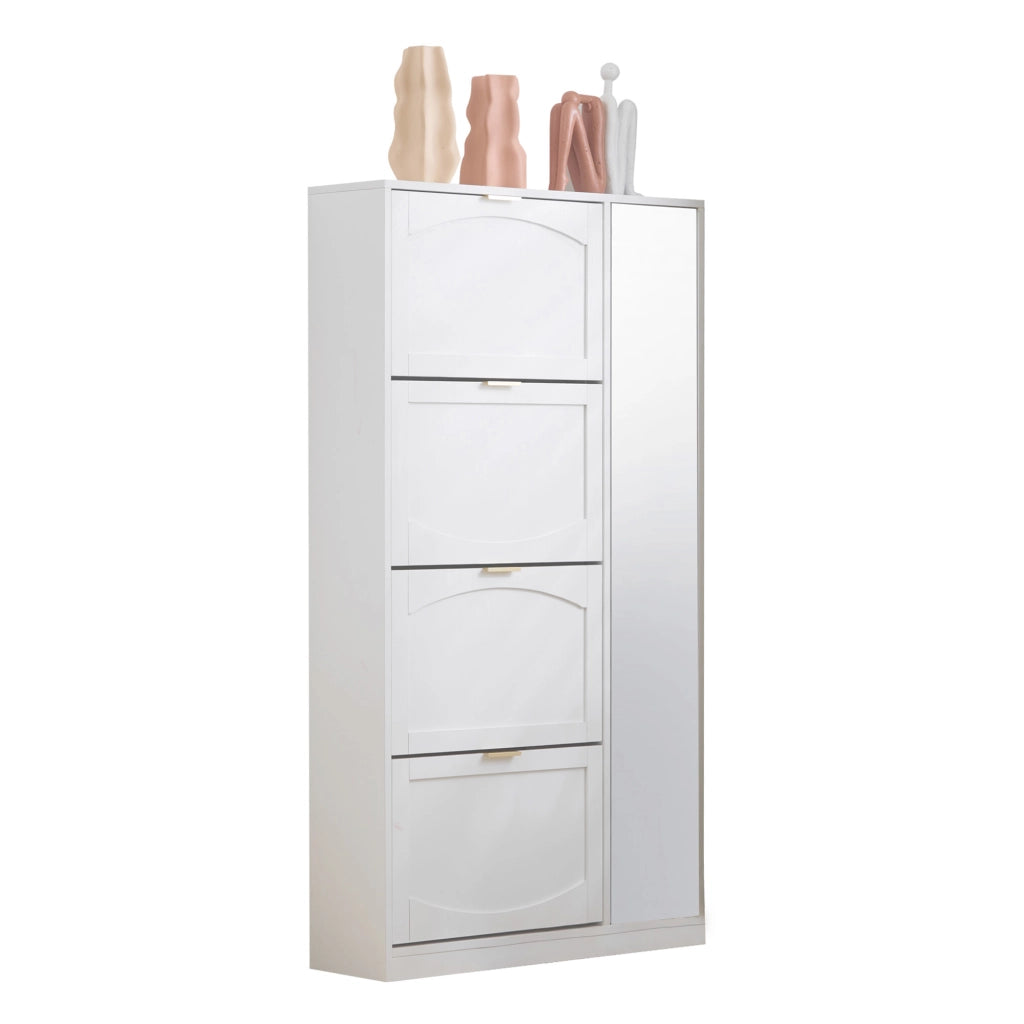 Mobile portascarpe con specchio, 4 vani contenitore estraibili, ripiani regolabili, bianco, 80x24x147 cm