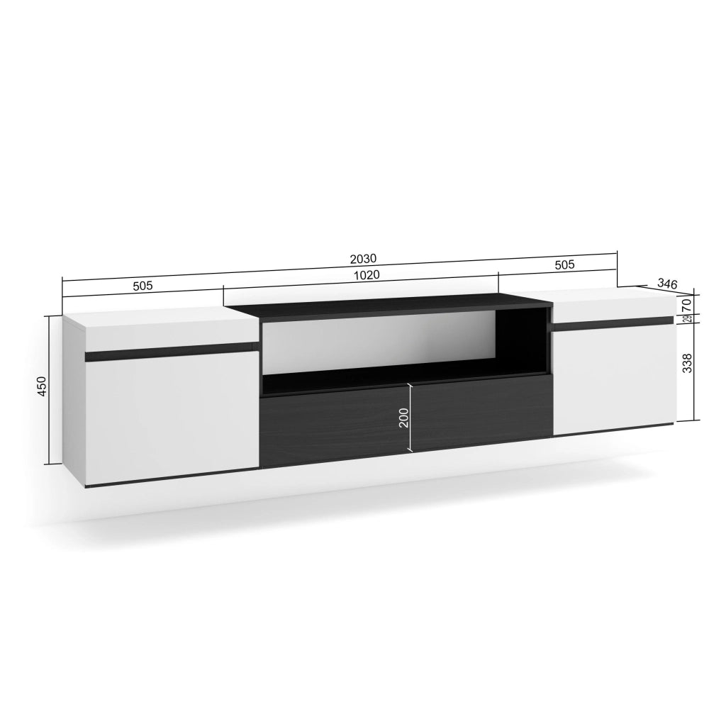Mobile TV, 200x35x45cm, soggiorno, Per TV fino a 80", da appendere, Bianco e nero RF2204