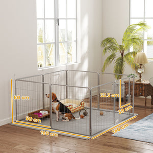 Recinto per Cani a 8 Pannelli Modulabili Pieghevole 80x1,5x80A cm con Porta di Ingresso in Acciaio Argento