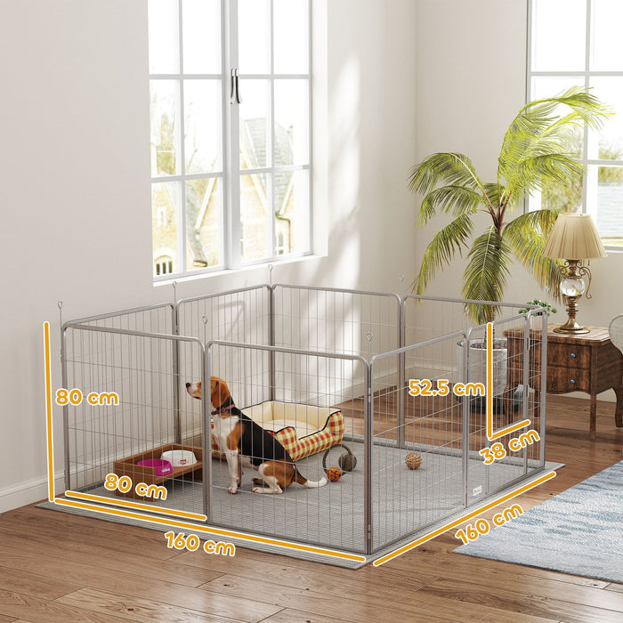 Recinto per Cani a 8 Pannelli Modulabili Pieghevole 80x1,5x80A cm con Porta di Ingresso in Acciaio Argento