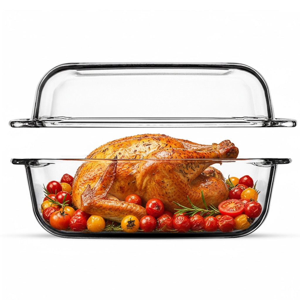 Teglia da forno rettangolare in vetro grande KADAX da 7 litri con coperchio