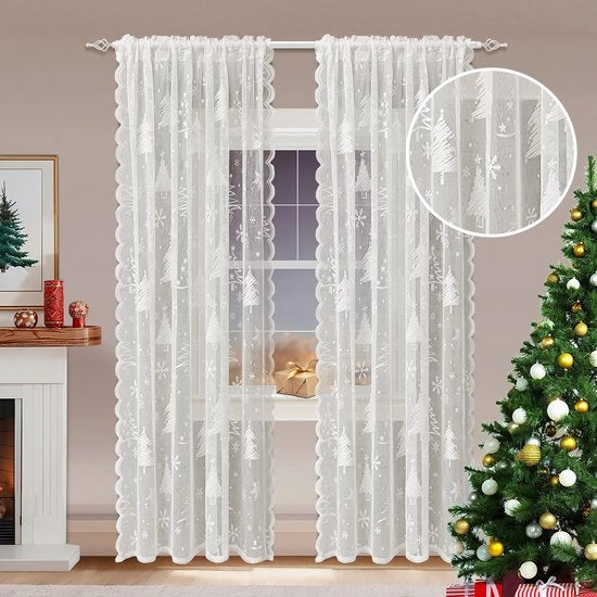 Decorazione per finestra a forma di fiore di neve per albero di Natale, corda per tenda di Natale da cucire, tenda di Natale trasparente (150 x 180 cm, Bianco)