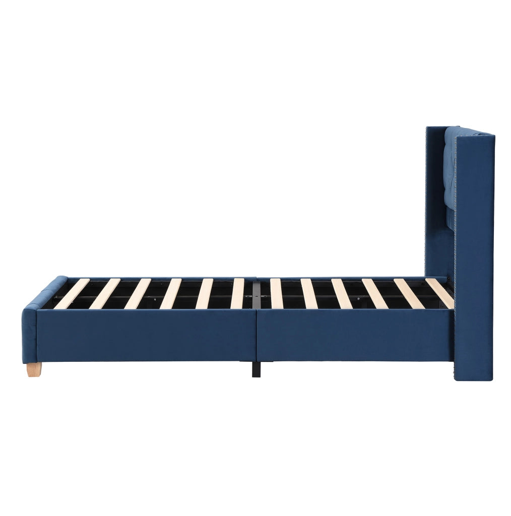 Letto imbottito 90x200 cm con testiera e rete; bottoni e borchie; velluto blu (Senza materasso)
