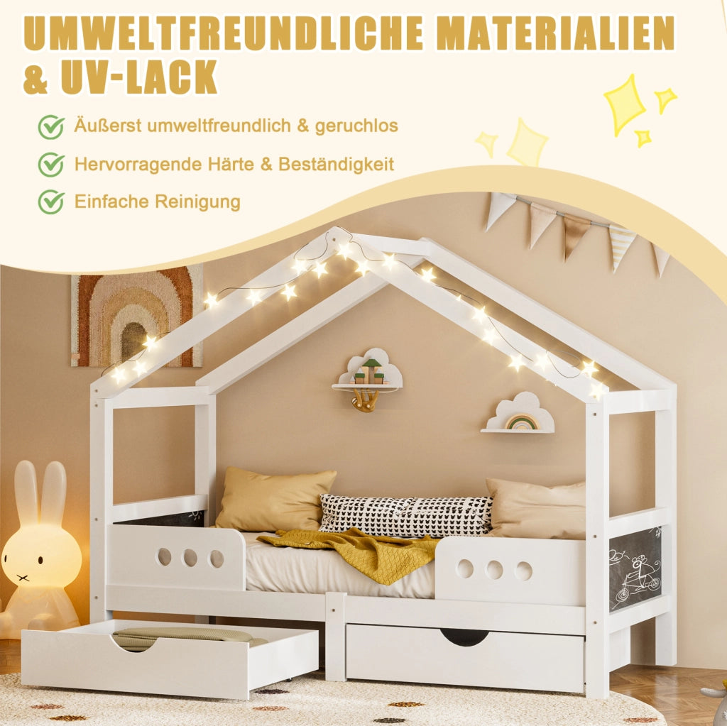 Letto per bambini 90x200 cm con tetto; 2 cassetti e lavagna in legno; bianco