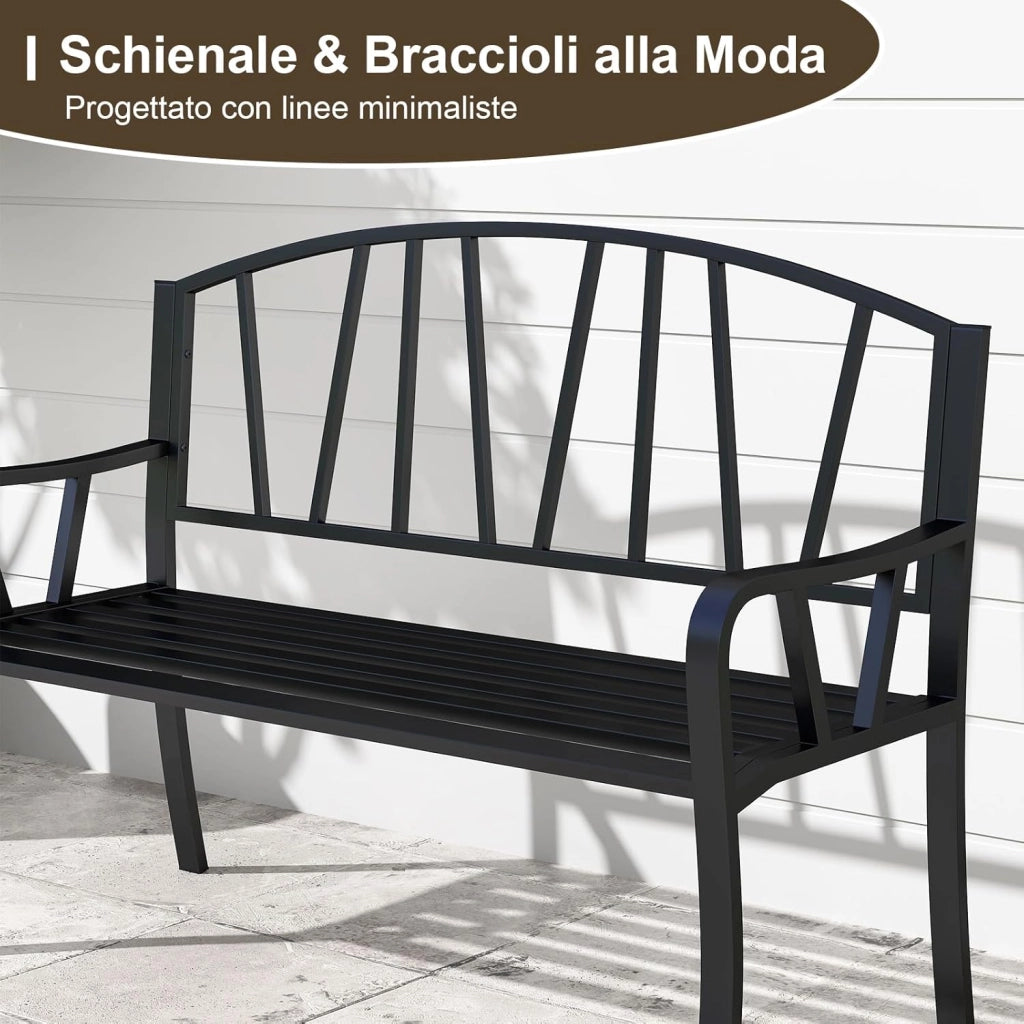 Panchina da Giardino in Metallo da 129 cm, Panchina con Doghe per 2-3 Persone, Loveseat in Stile Parco con Braccioli Curvati, Seduta Resistente per Esterno per Giardino, Piscina, Veranda