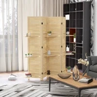 Paravento Interno a 4 Pannelli 160L x 170H cm, 3 Mensole Pieghevoli, Separatore di Ambiente, Porte a Persiana, Naturale
