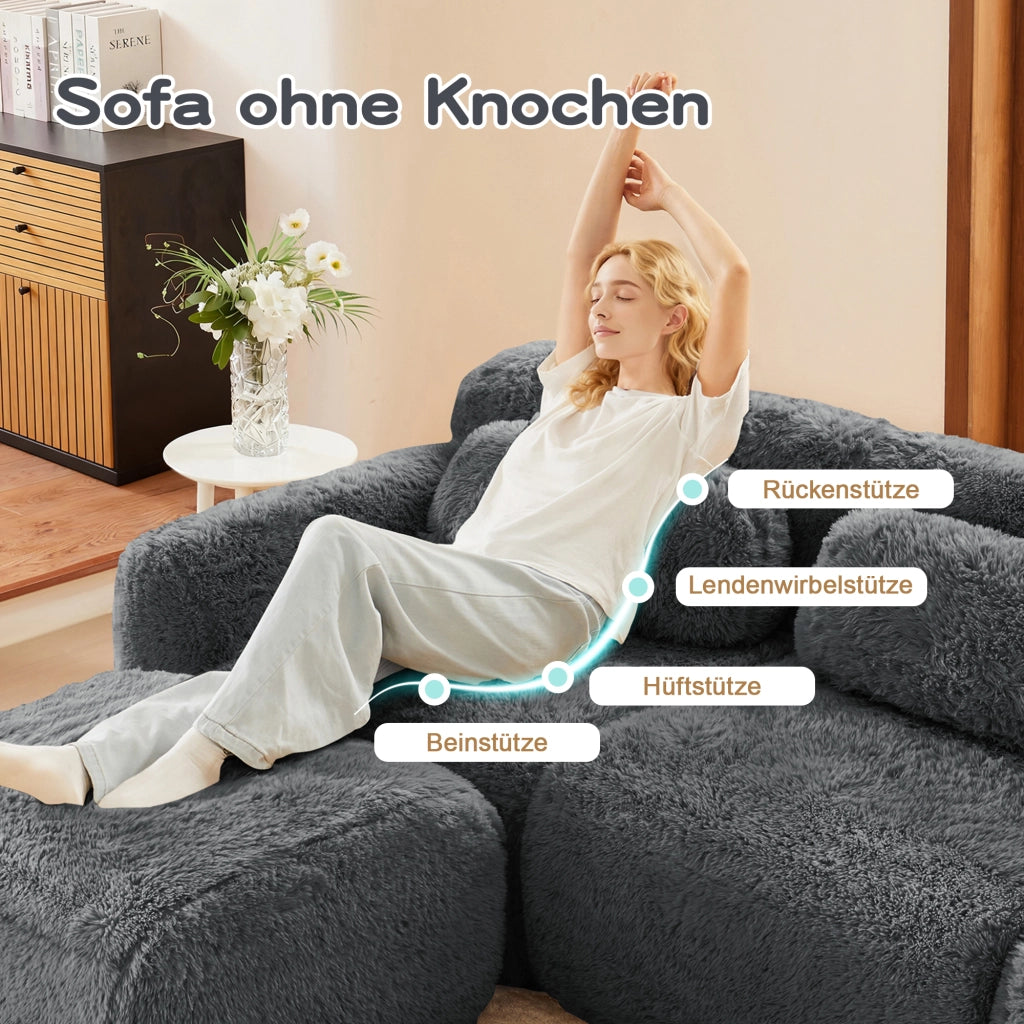 OKWISH Divano Angolare Modulare 2 Posti, Seduta Ampia con Ottoman Collegabile e Cuscini, Peluche, Grigio