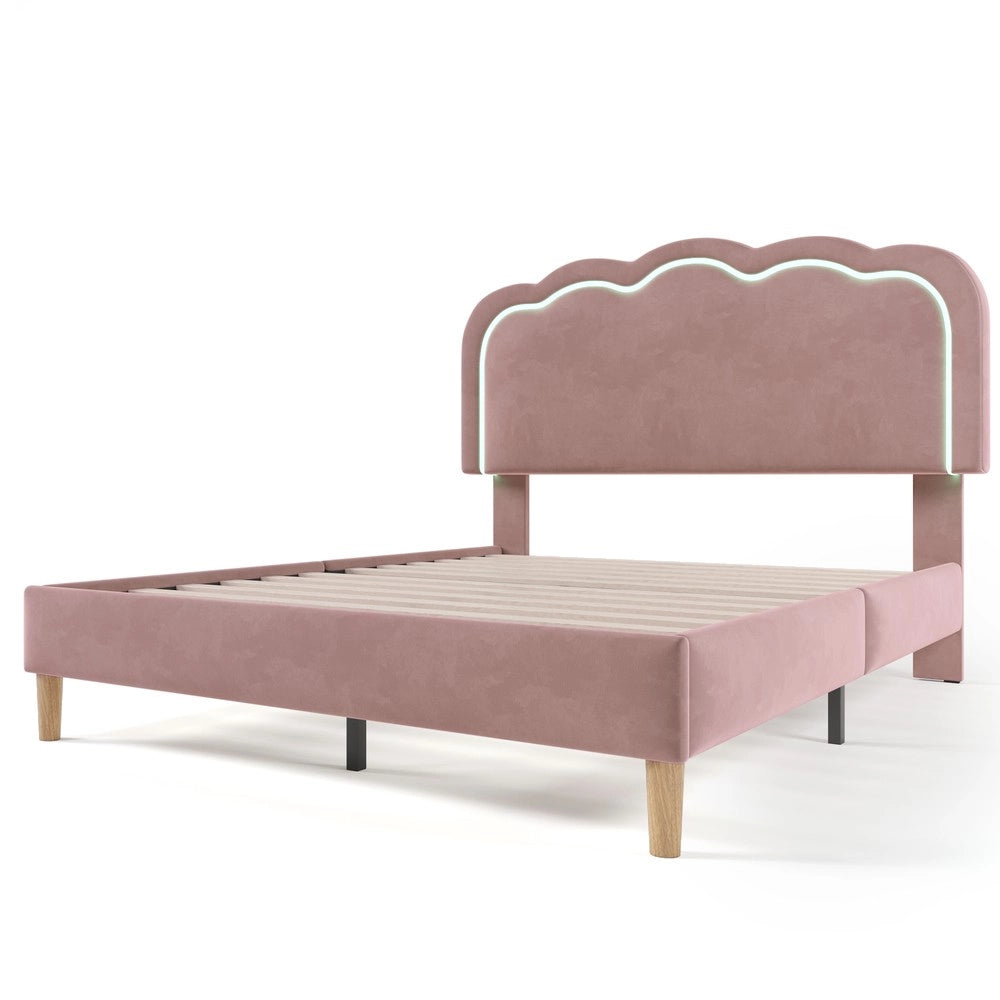 Letto Imbottito Matrimoniale LED con Testiera Regolabile ¨C MINIMAL ¨C Velluto Rosa 140x200