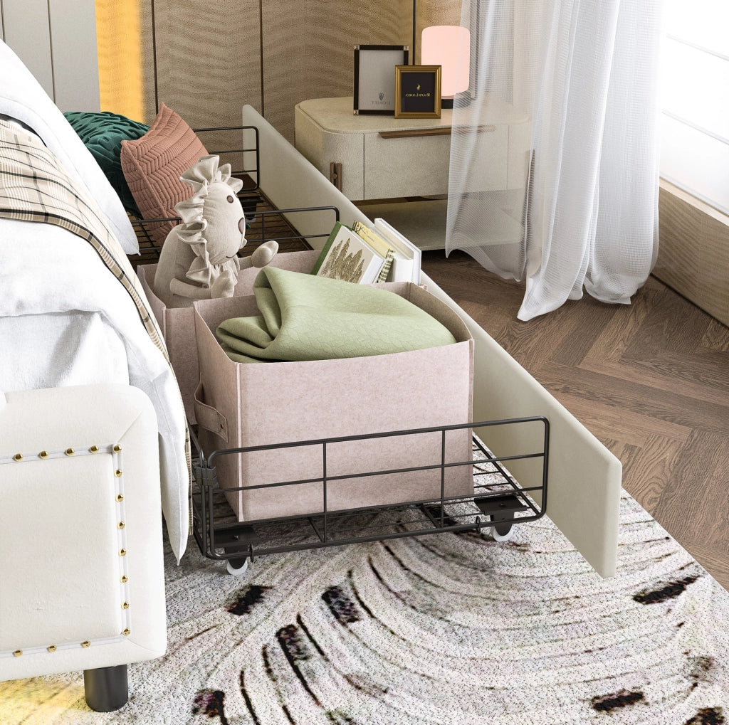 Letto matrimoniale 140x200 cm imbottito beige in velluto con cassetti e dettagli dorati