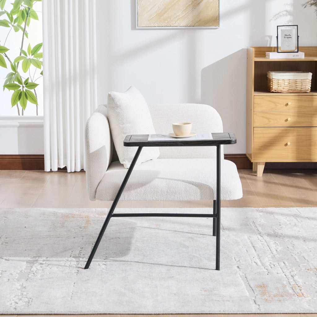Poltrona con Tavolino Laterale e Tasche Laterali Design Nordico in Ciniglia Beige