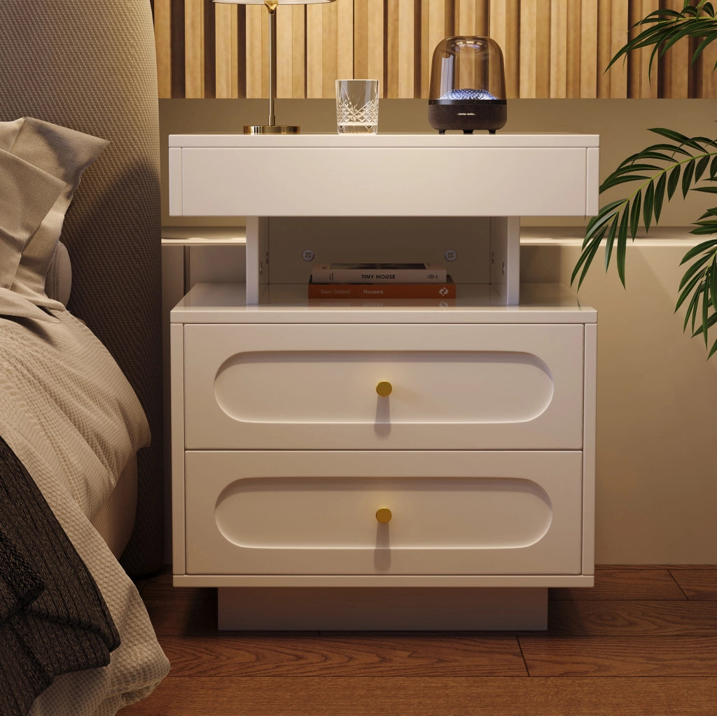 Comodino bianco con LED, 2 cassetti e vano aperto, 100x40x60 cm