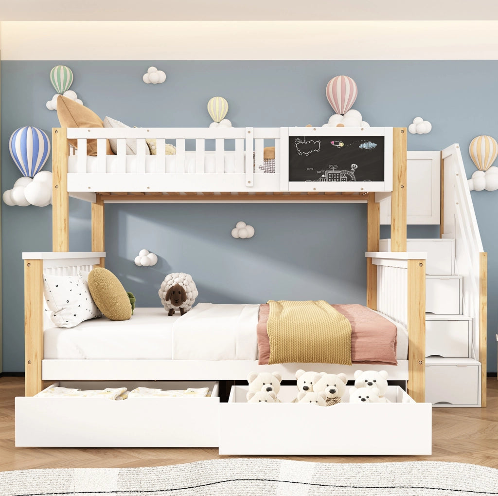 Lettino a castello per bambini con lavagna e cassetti; 90x200 cm; bianco e rovere chiaro
